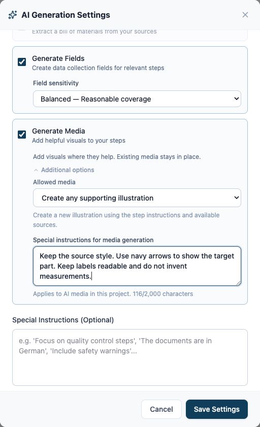 Generate Media options with Create any supporting illustration selected and project visual guidance entered