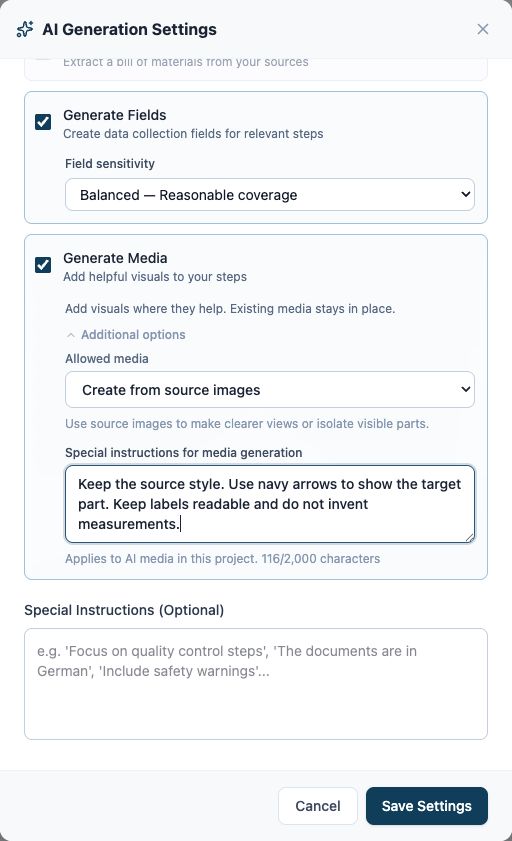 Expanded Additional options showing Allowed media and Special instructions for media generation