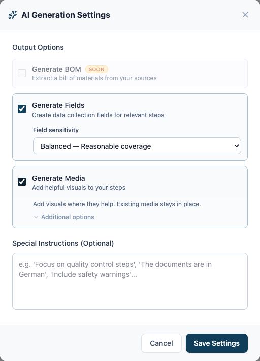 AI Generation Settings with Generate Media enabled and Additional options collapsed
