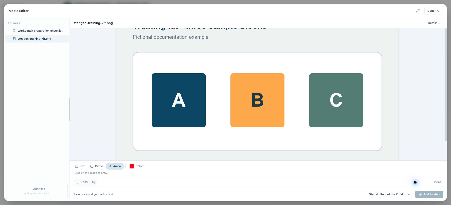 Image annotation toolbar with box, circle, arrow, and color controls