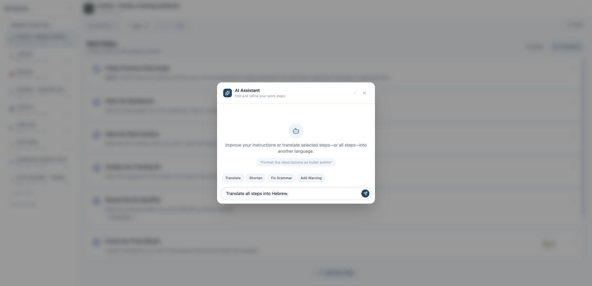 AI Assistant with Translate, Shorten, Fix Grammar, and Add Warning actions