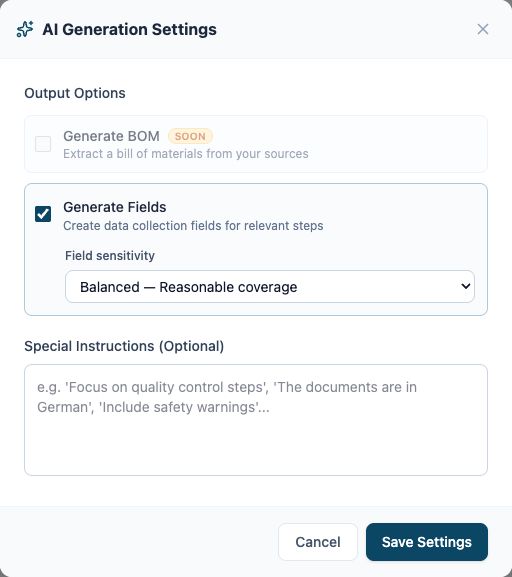 AI Generation Settings with Generate Fields and field sensitivity