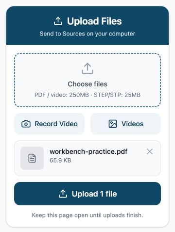 Compact phone upload page with a PDF selected, camera shortcuts, and the Upload 1 file button.
