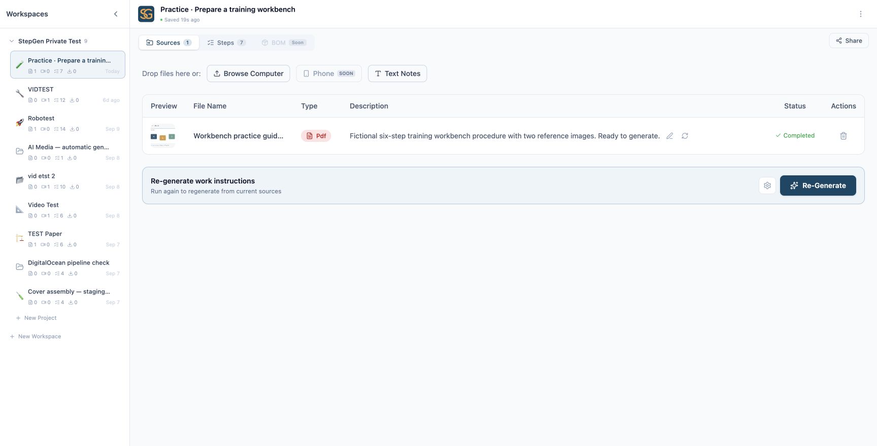 Sample workbench project in Sources with a processed practice PDF ready for generation