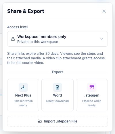 Share & Export panel with Word, Next Plus, and .stepgen options