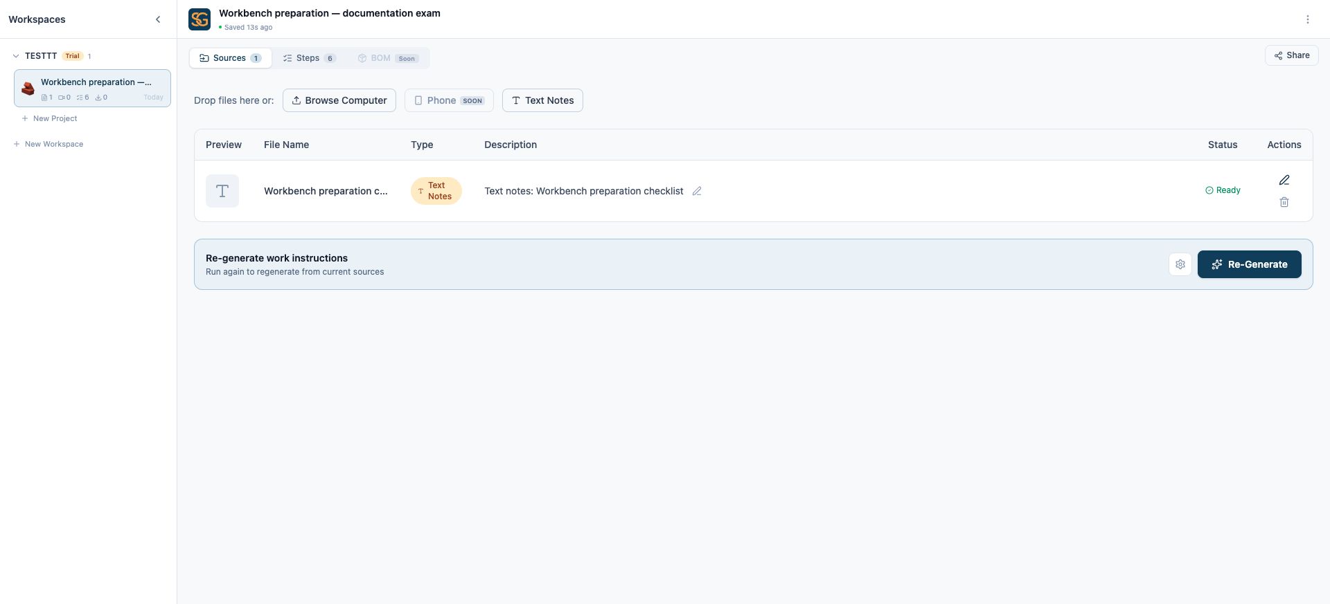 Sources tab showing the AI settings cog next to the Re-Generate button at the bottom