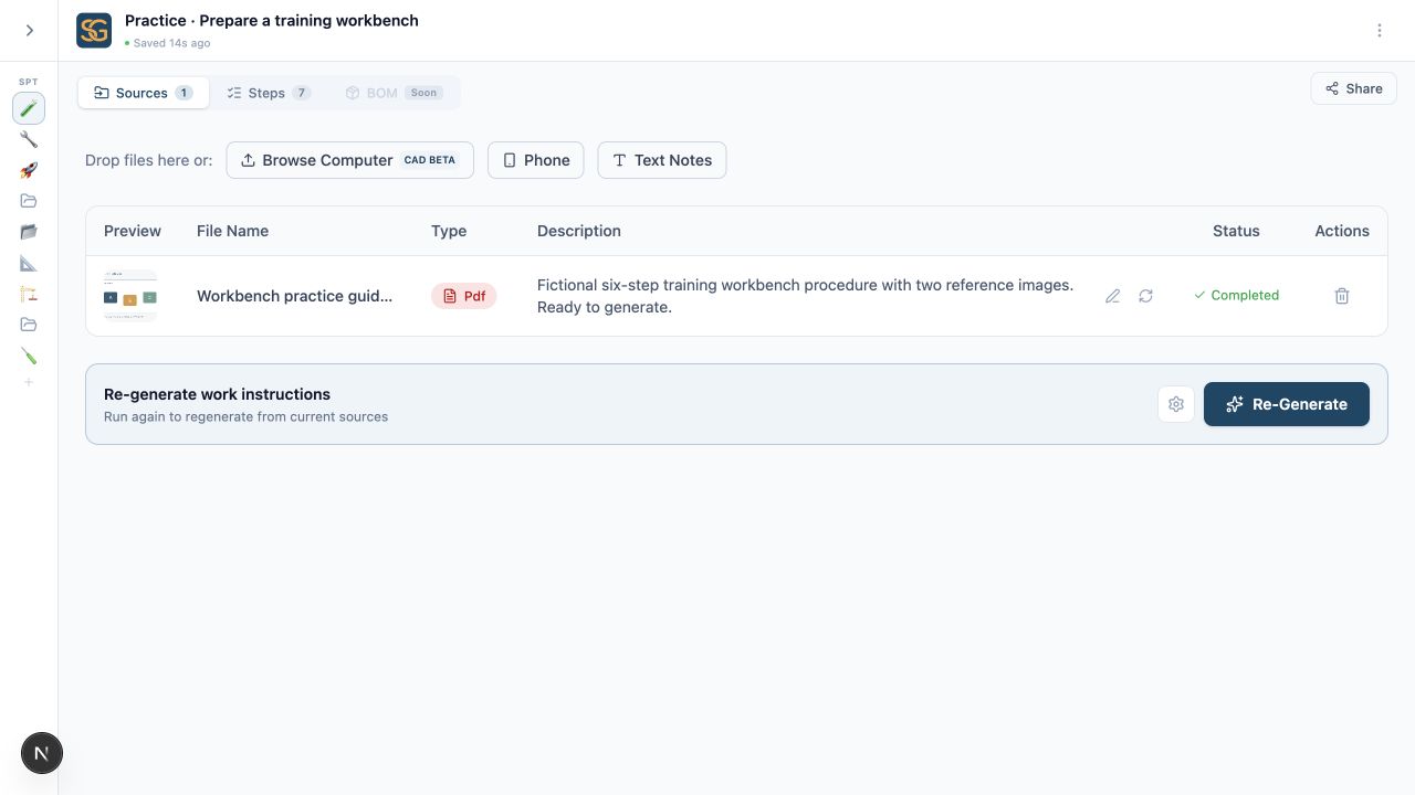 Sources tab with a ready text note and Generate Steps button