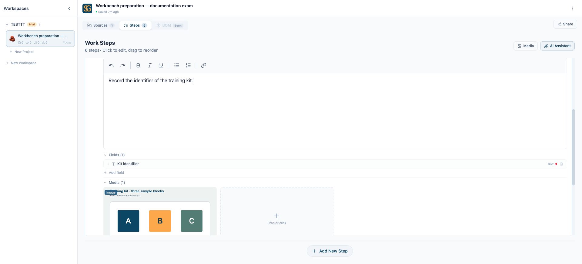 Step editor with an example kit identifier field