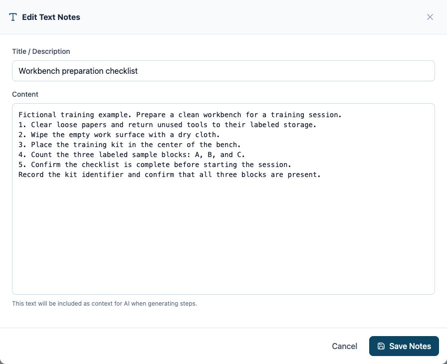 Text Notes dialog containing a fictional workbench preparation checklist