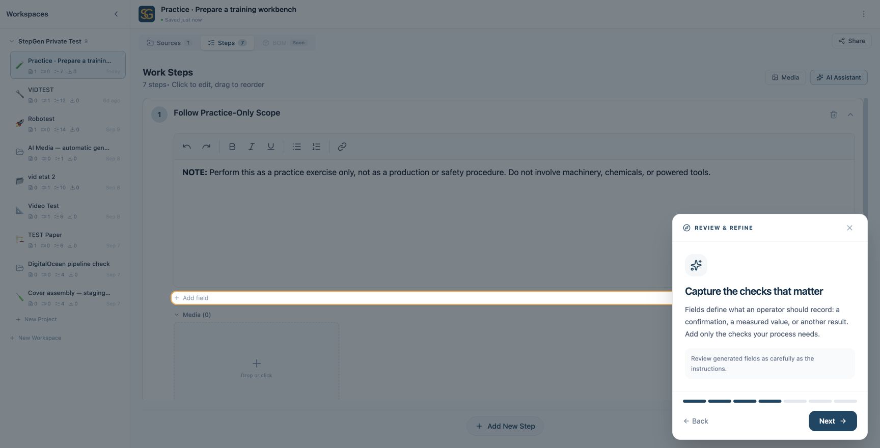 Review and refine walkthrough highlighting the fields area of an expanded instruction step