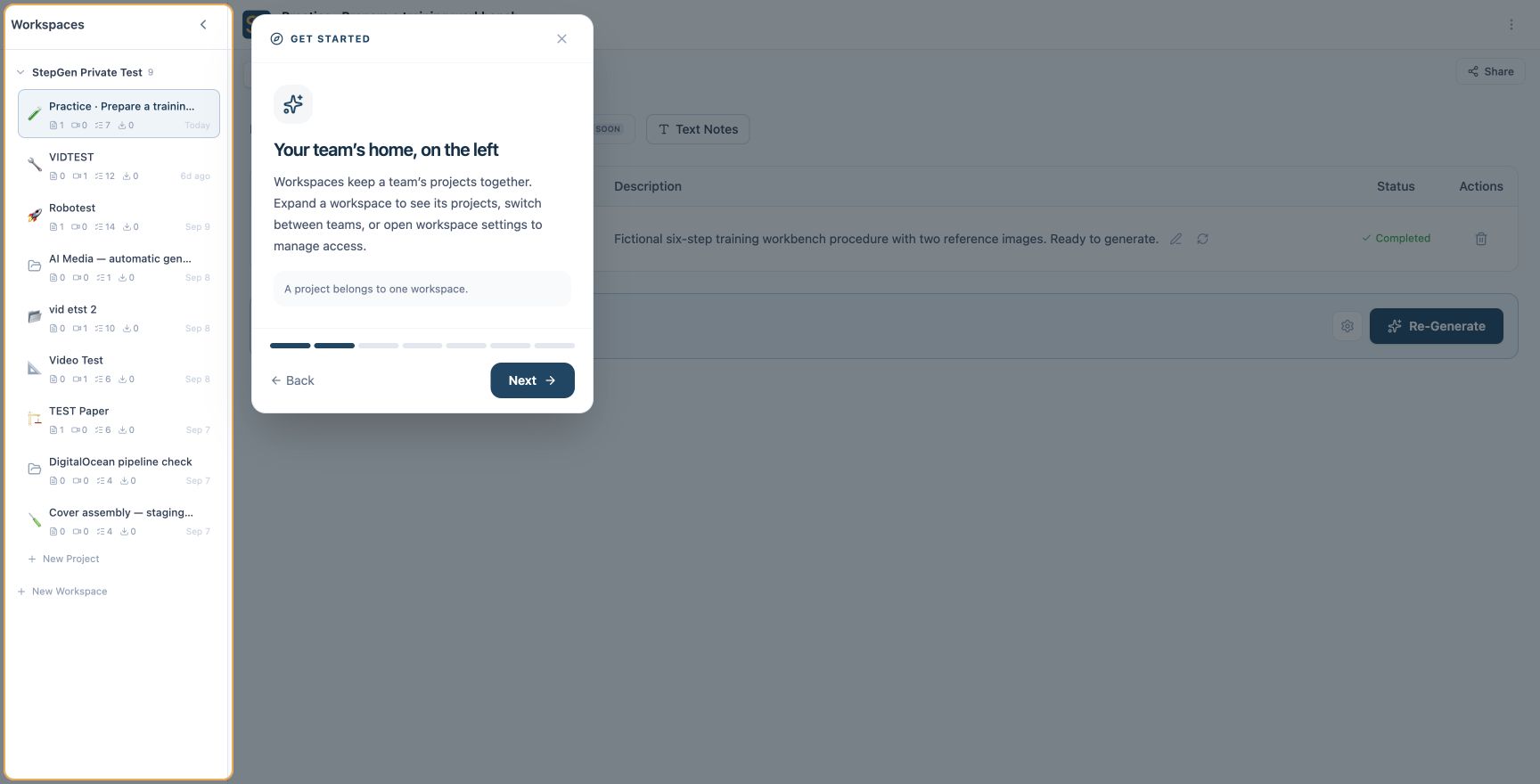 Getting started tour highlighting the workspace sidebar with a guided explanation and Next button
