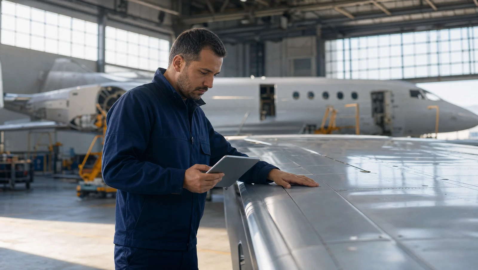 Aerospace technician reviewing an aircraft inspection