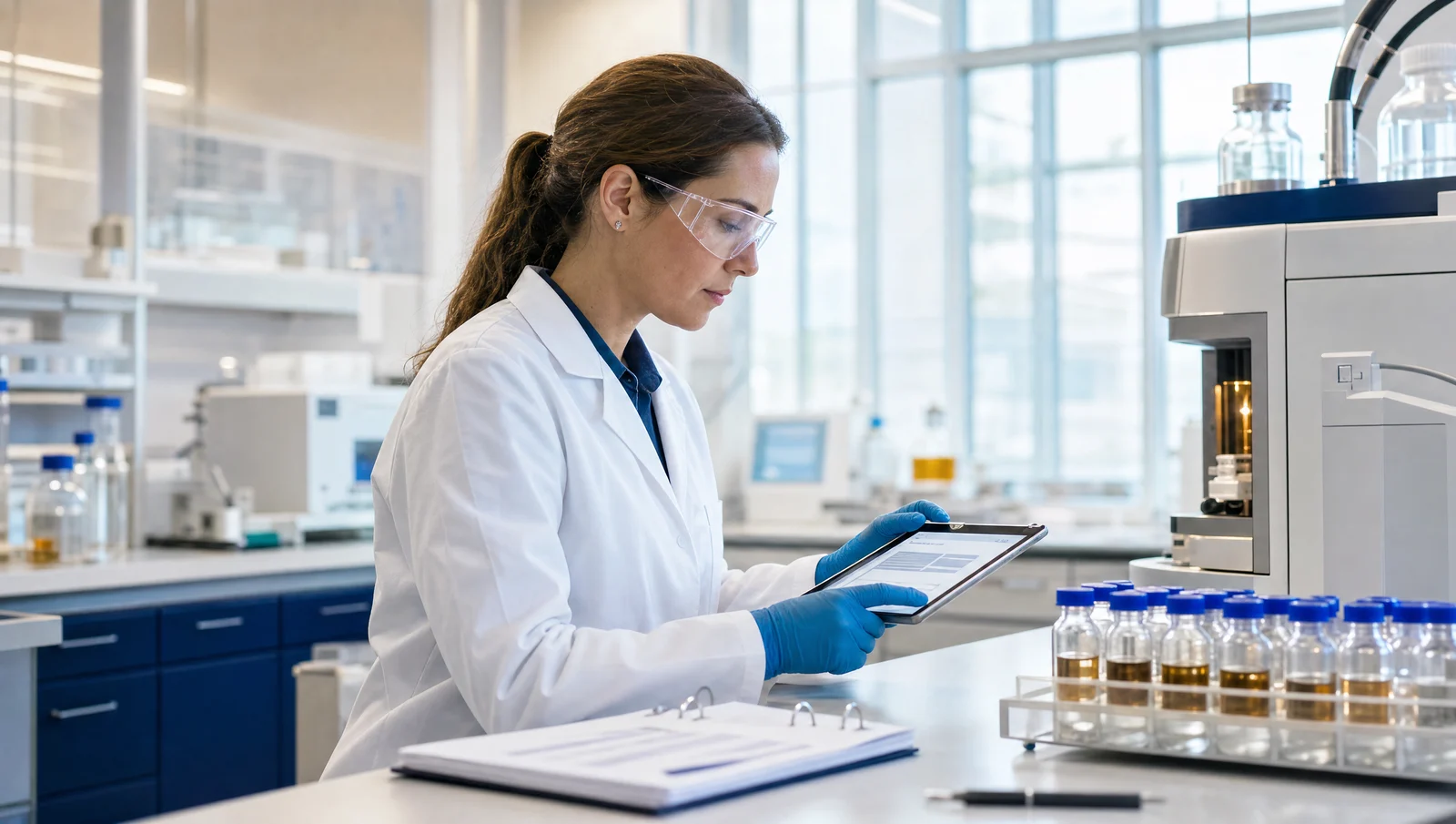 Laboratory professional reviewing an SOP in a pharmaceutical laboratory